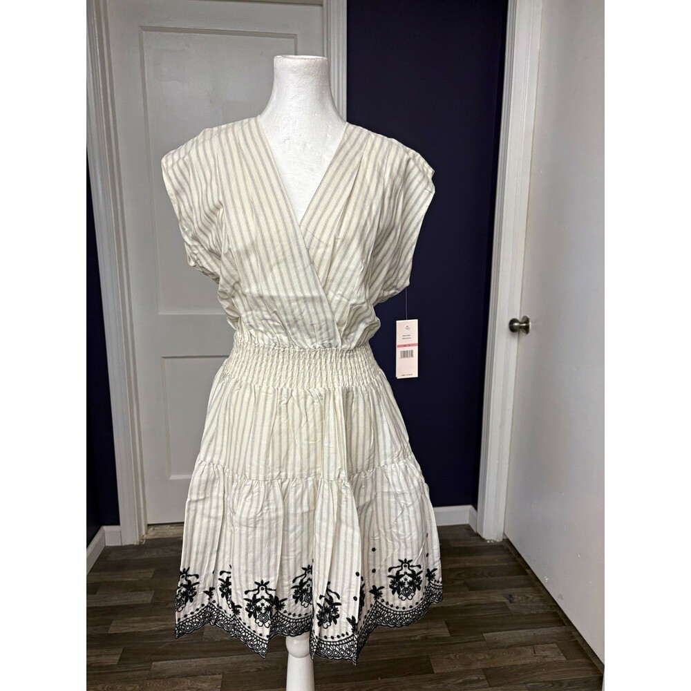 Nanette Lepore Ivory/Black Striped V-Neck Smocked Dress Embroidered Hem size 10